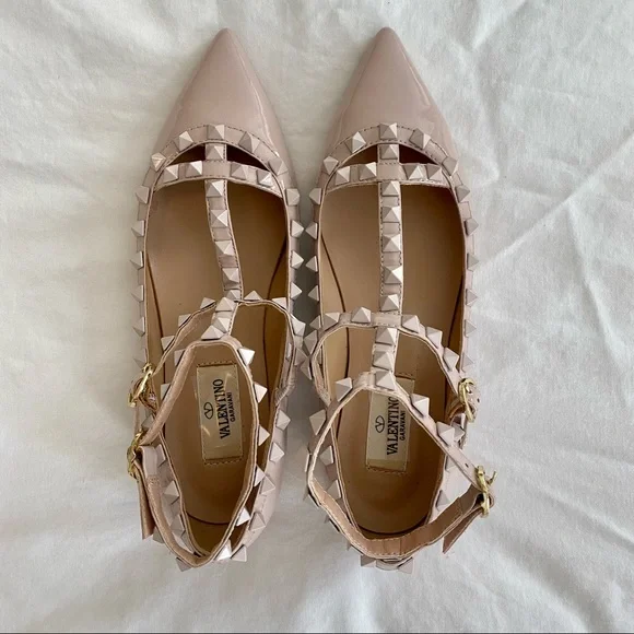 SOLD - Valentino Nude Patent Leather Rockstud Caged Ballet Flat - Picture 1 of 15